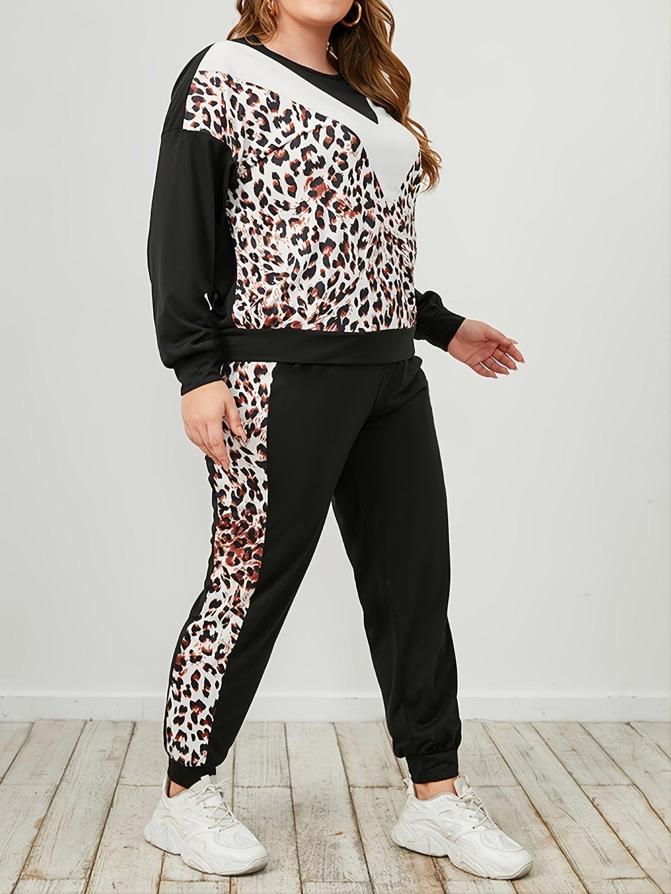 Plus Size Leopard Sweatshirt And Sweatpants Set - MXSTUDIO.COM