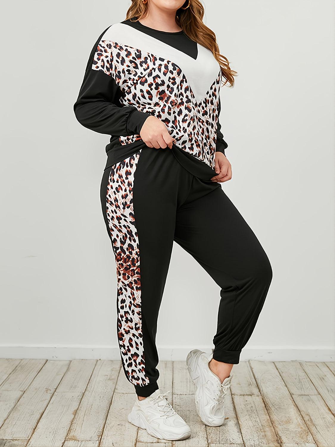 Plus Size Leopard Sweatshirt And Sweatpants Set - MXSTUDIO.COM