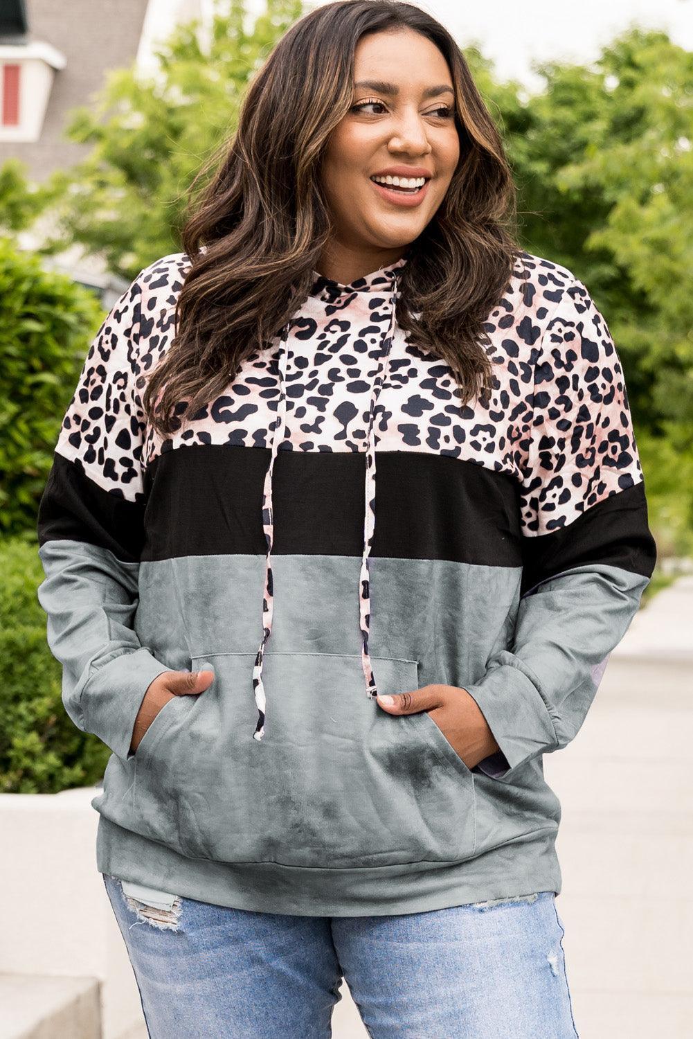 Plus Size Long Sleeve Color Block Hoodie - MXSTUDIO.COM