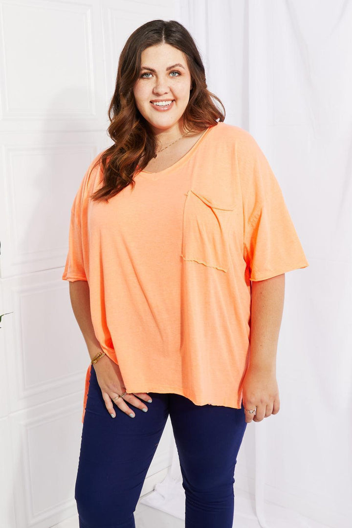 Plus Size Neon Coral Half Sleeves Asymmetrical Tee - MXSTUDIO.COM