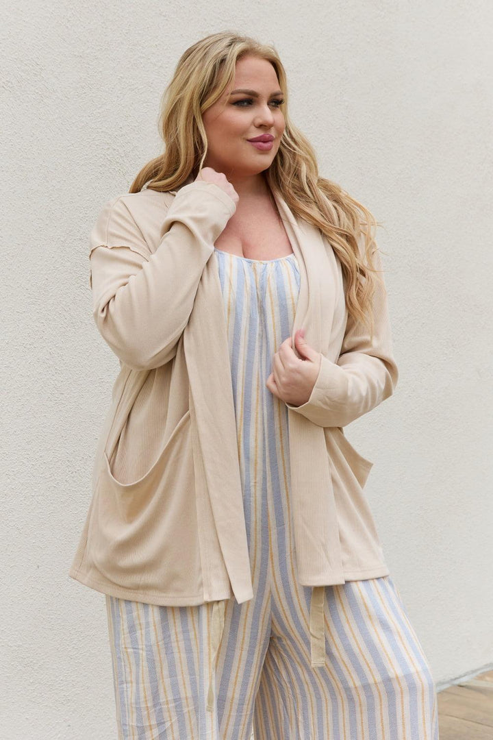 Plus Size Open Front Cream Ribbed Cardigan - MXSTUDIO.COM