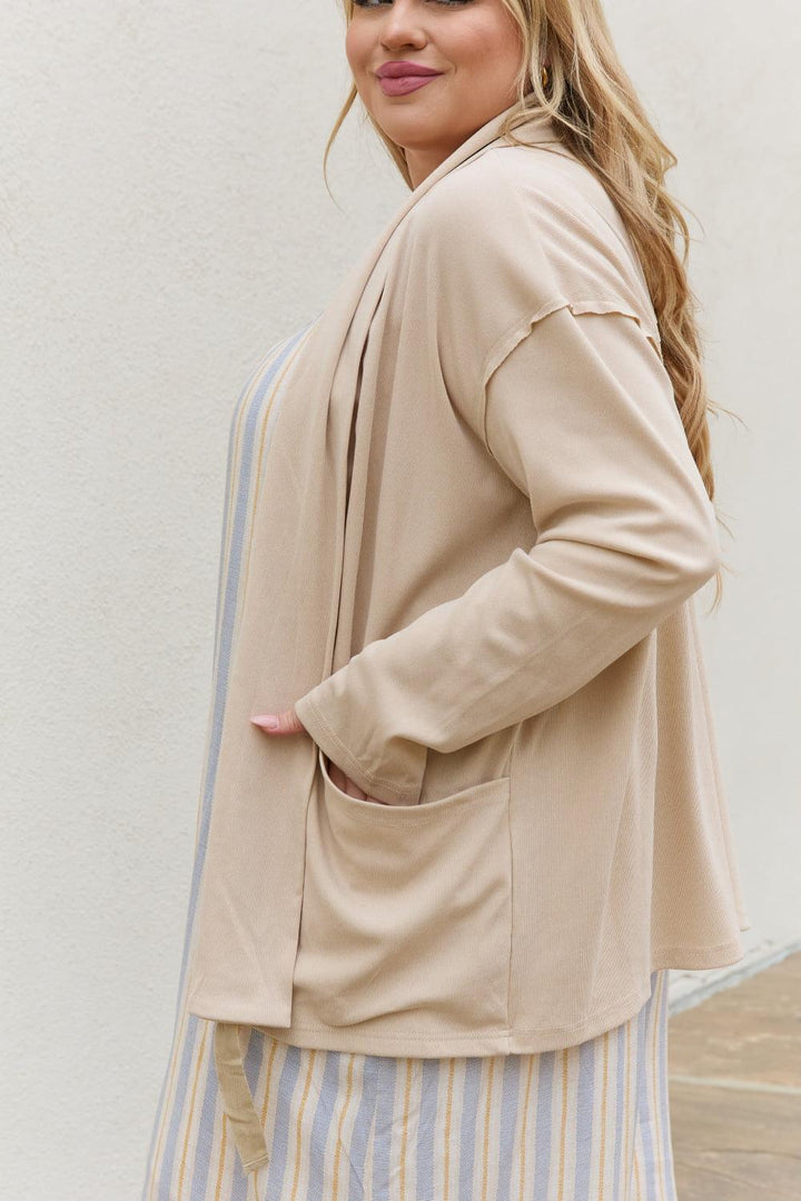 Plus Size Open Front Cream Ribbed Cardigan - MXSTUDIO.COM