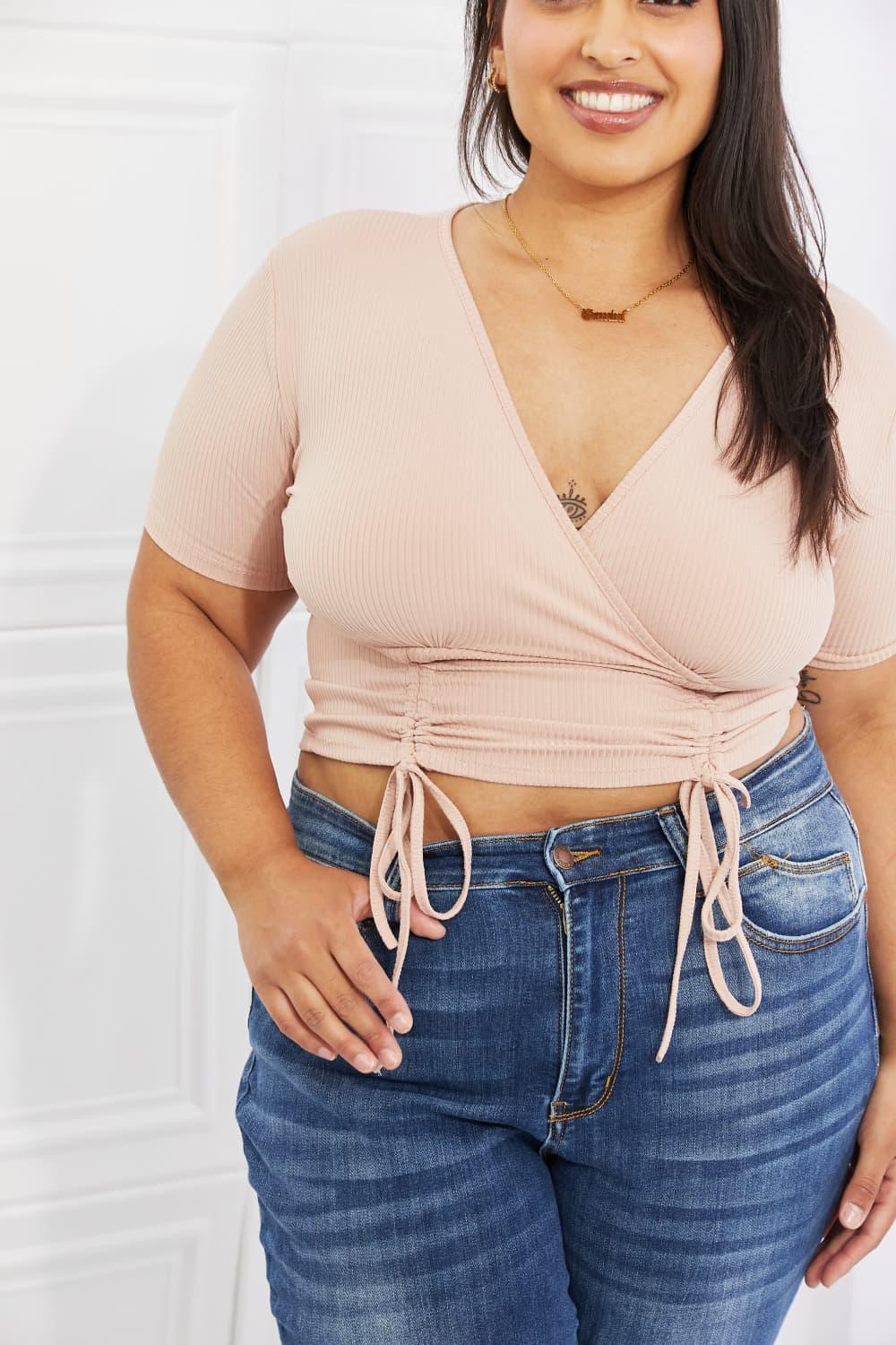 Plus Size Peach Ribbed Short Sleeve Crop Top - MXSTUDIO.COM