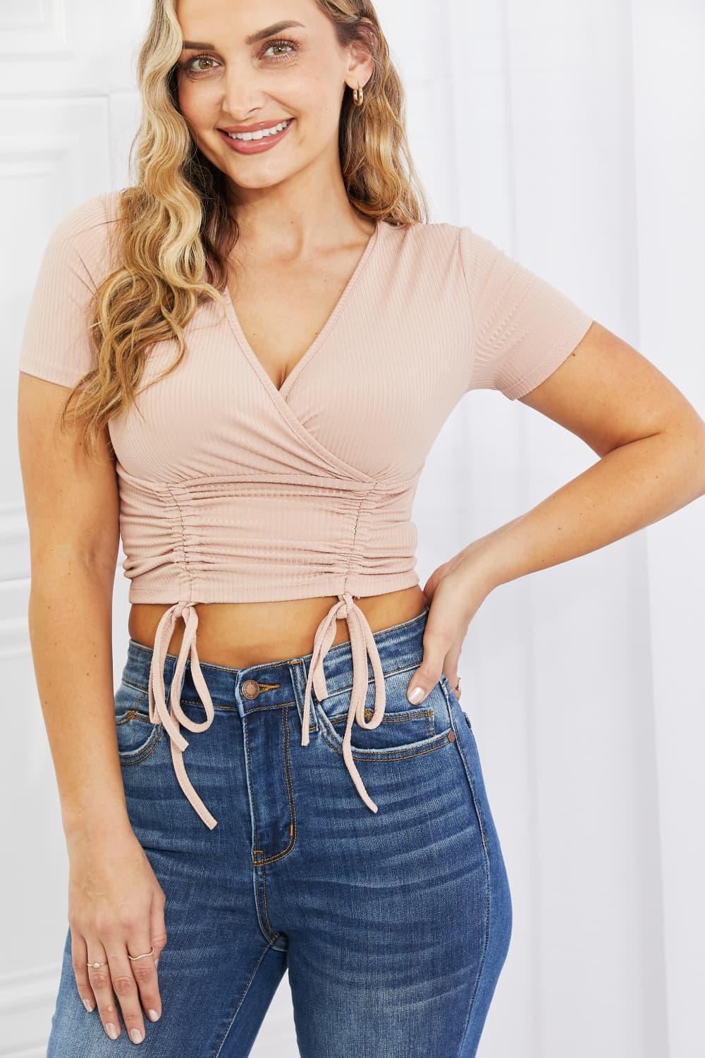 Plus Size Peach Ribbed Short Sleeve Crop Top - MXSTUDIO.COM