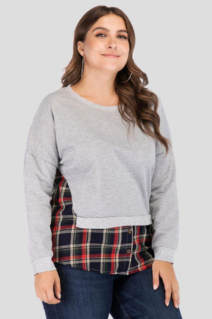 Plus Size Plaid Contrast Ribbed Long Sleeve Top - MXSTUDIO.COM