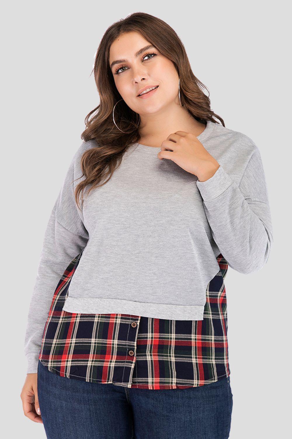 Plus Size Plaid Contrast Ribbed Long Sleeve Top - MXSTUDIO.COM