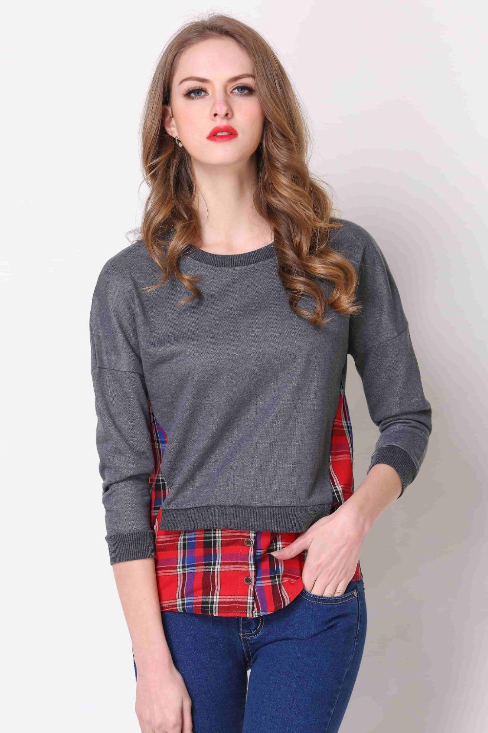 Plus Size Plaid Contrast Ribbed Long Sleeve Top - MXSTUDIO.COM