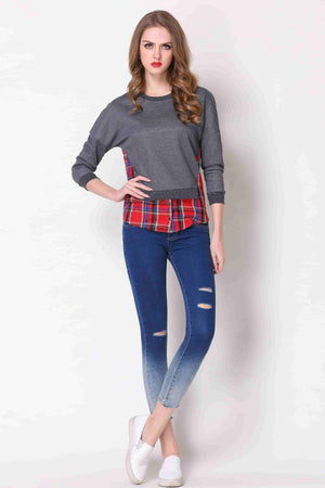 Plus Size Plaid Contrast Ribbed Long Sleeve Top - MXSTUDIO.COM