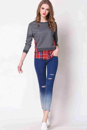 Plus Size Plaid Contrast Ribbed Long Sleeve Top - MXSTUDIO.COM