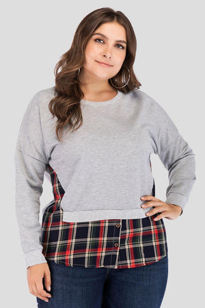 Plus Size Plaid Contrast Ribbed Long Sleeve Top - MXSTUDIO.COM