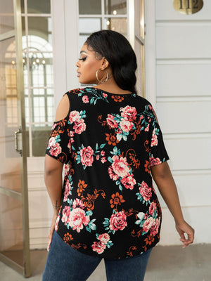 Plus Size Round Neck Tee with Shoulder Cutouts - MXSTUDIO.COM