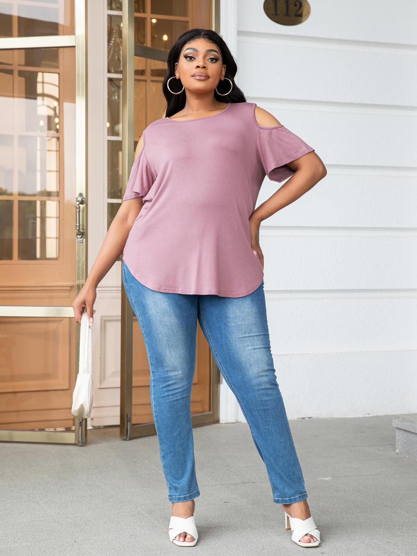 Plus Size Round Neck Tee with Shoulder Cutouts - MXSTUDIO.COM