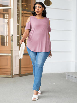 Plus Size Round Neck Tee with Shoulder Cutouts - MXSTUDIO.COM