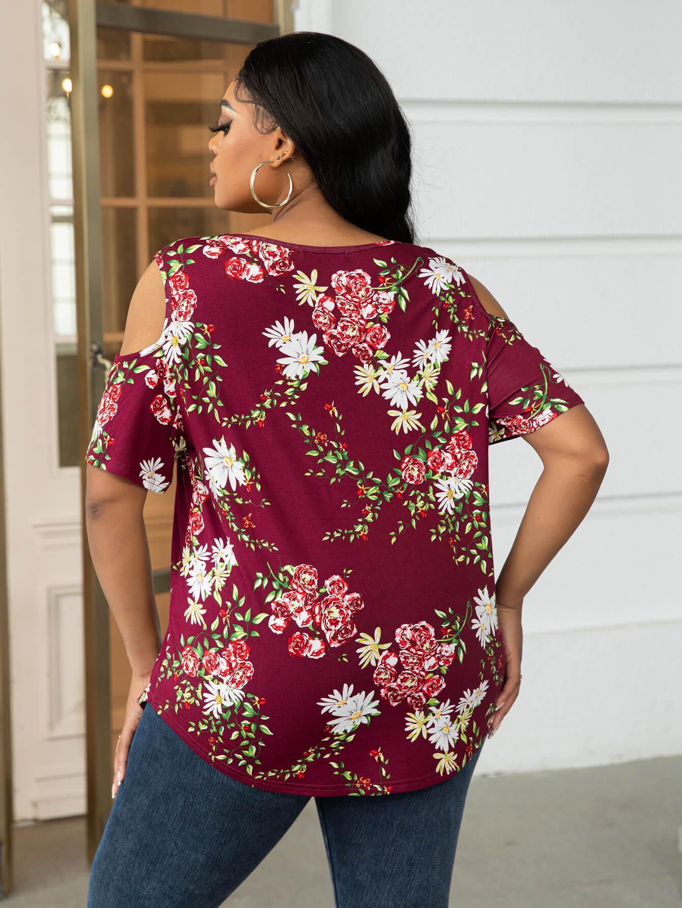 Plus Size Round Neck Tee with Shoulder Cutouts - MXSTUDIO.COM