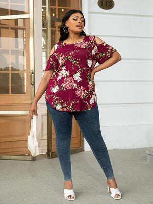 Plus Size Round Neck Tee with Shoulder Cutouts - MXSTUDIO.COM