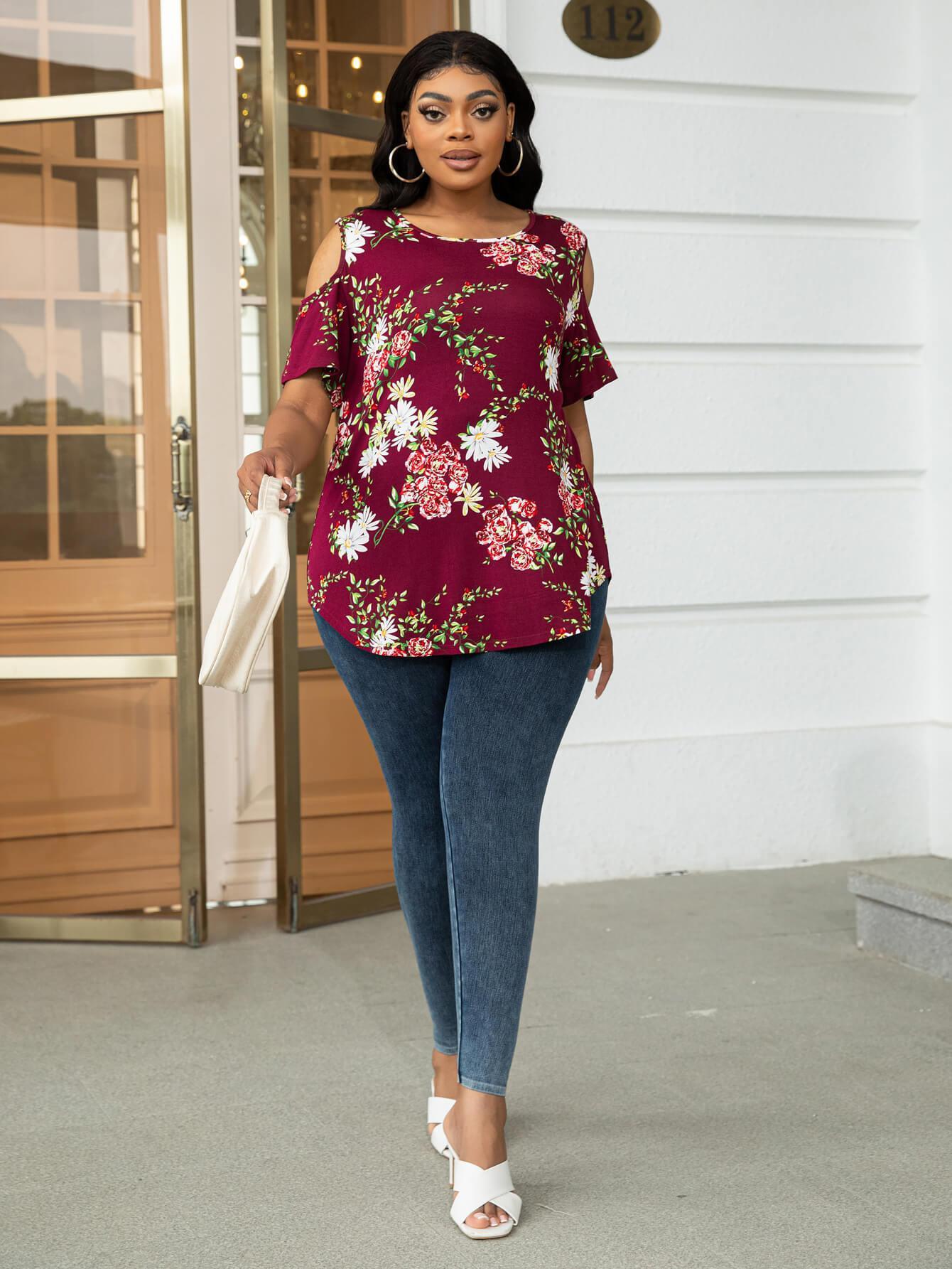 Plus Size Round Neck Tee with Shoulder Cutouts - MXSTUDIO.COM