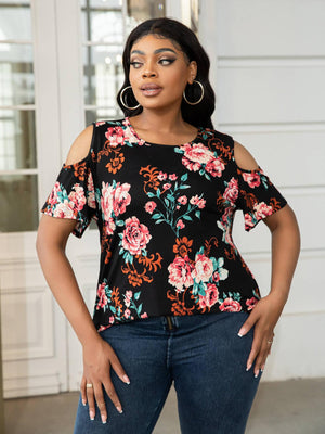 Plus Size Round Neck Tee with Shoulder Cutouts - MXSTUDIO.COM