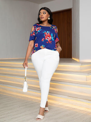 Plus Size Round Neck Tee with Shoulder Cutouts - MXSTUDIO.COM