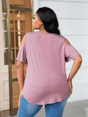 Plus Size Round Neck Tee with Shoulder Cutouts - MXSTUDIO.COM