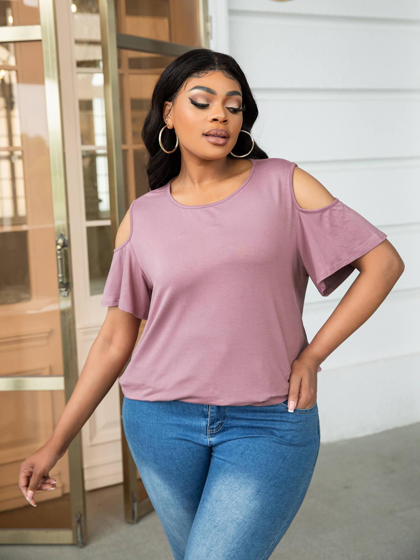 Plus Size Round Neck Tee with Shoulder Cutouts - MXSTUDIO.COM