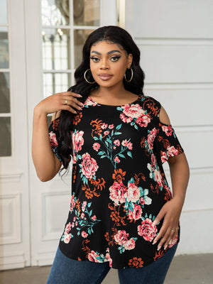 Plus Size Round Neck Tee with Shoulder Cutouts - MXSTUDIO.COM