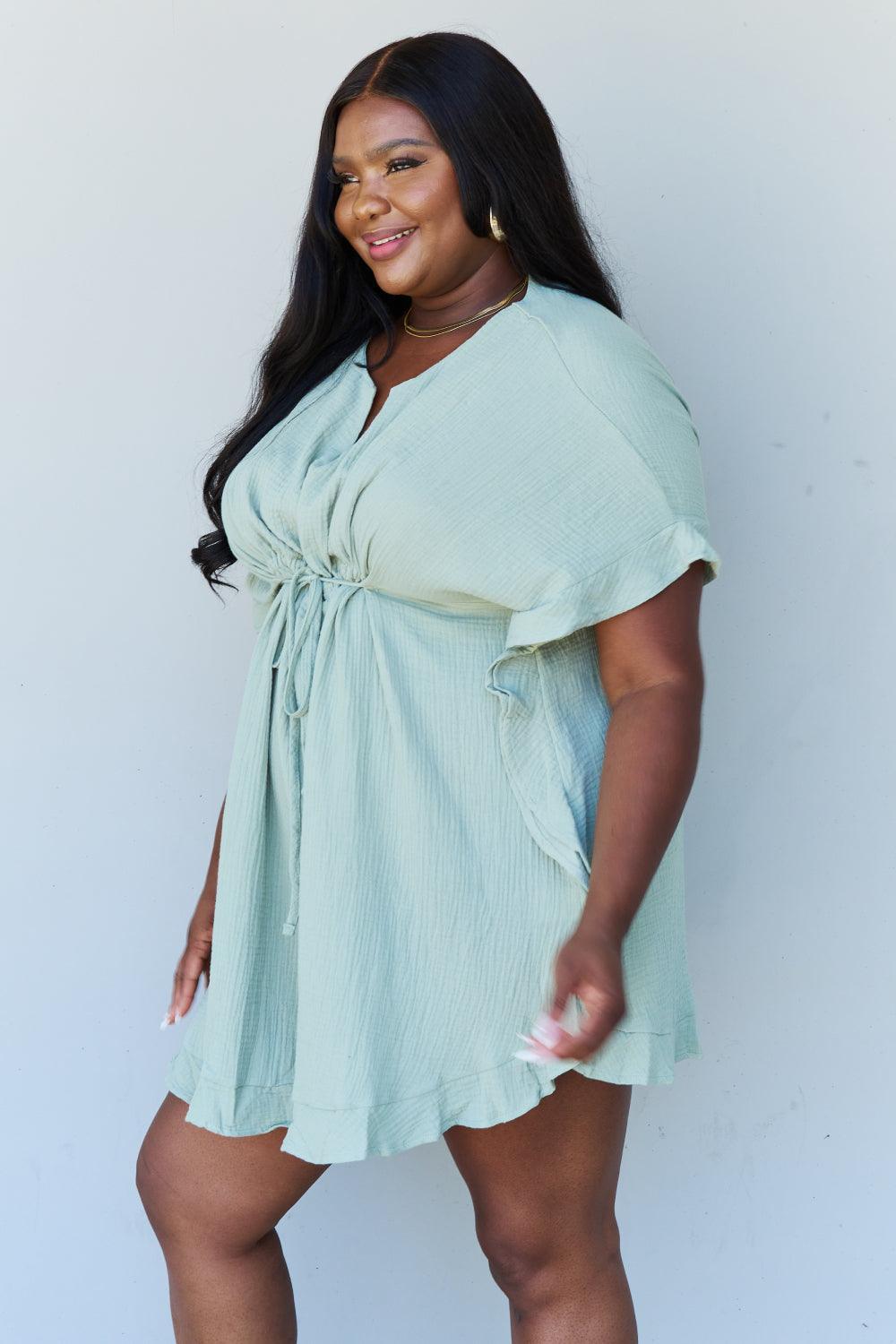 Plus Size Ruffle Hem Sage Green Mini Dress - MXSTUDIO.COM