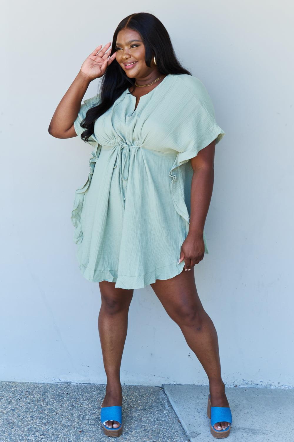 Plus Size Ruffle Hem Sage Green Mini Dress - MXSTUDIO.COM