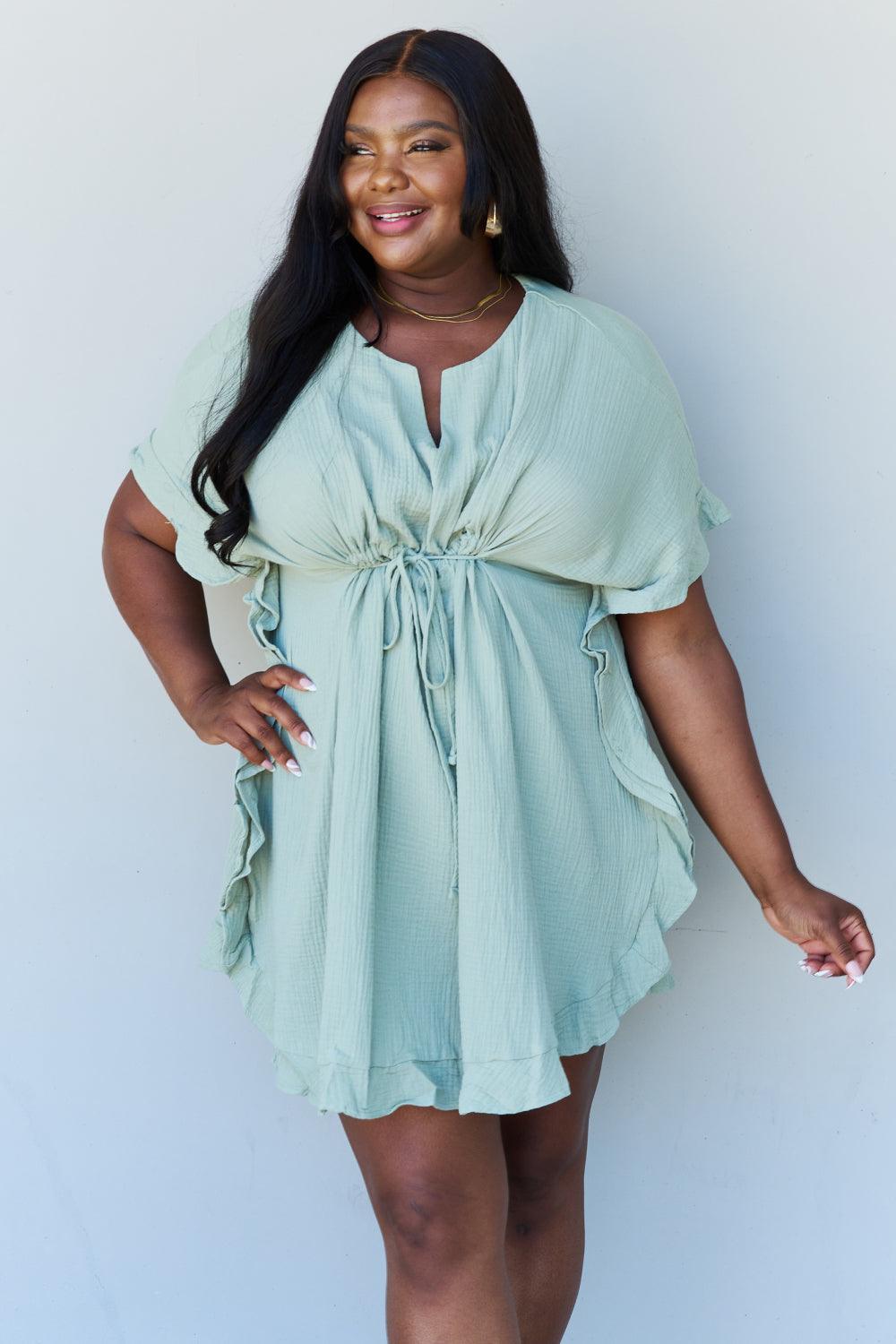 Plus Size Ruffle Hem Sage Green Mini Dress - MXSTUDIO.COM