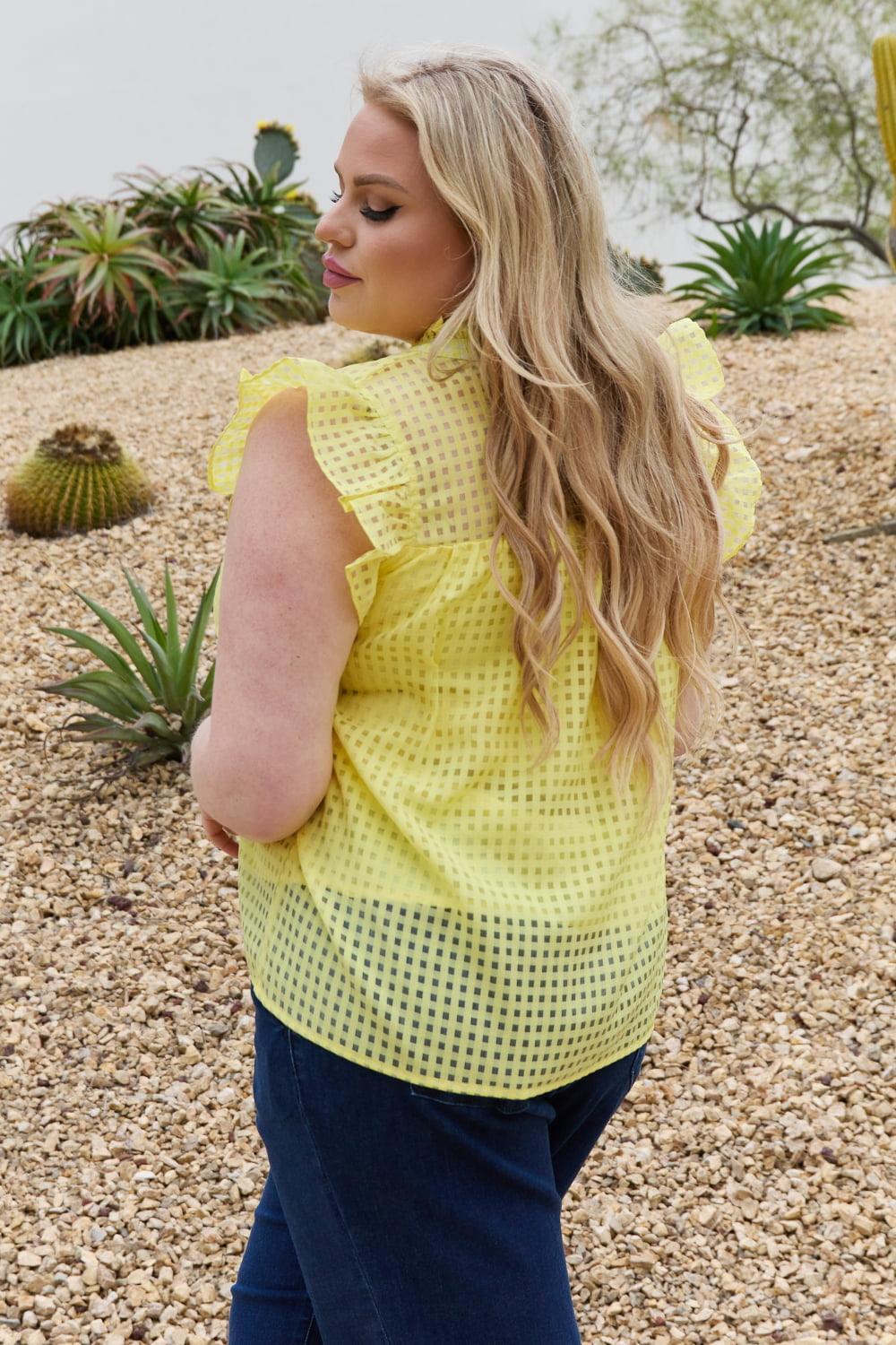 Plus Size Ruffle Sleeve Grid Yellow Babydoll Top - MXSTUDIO.COM