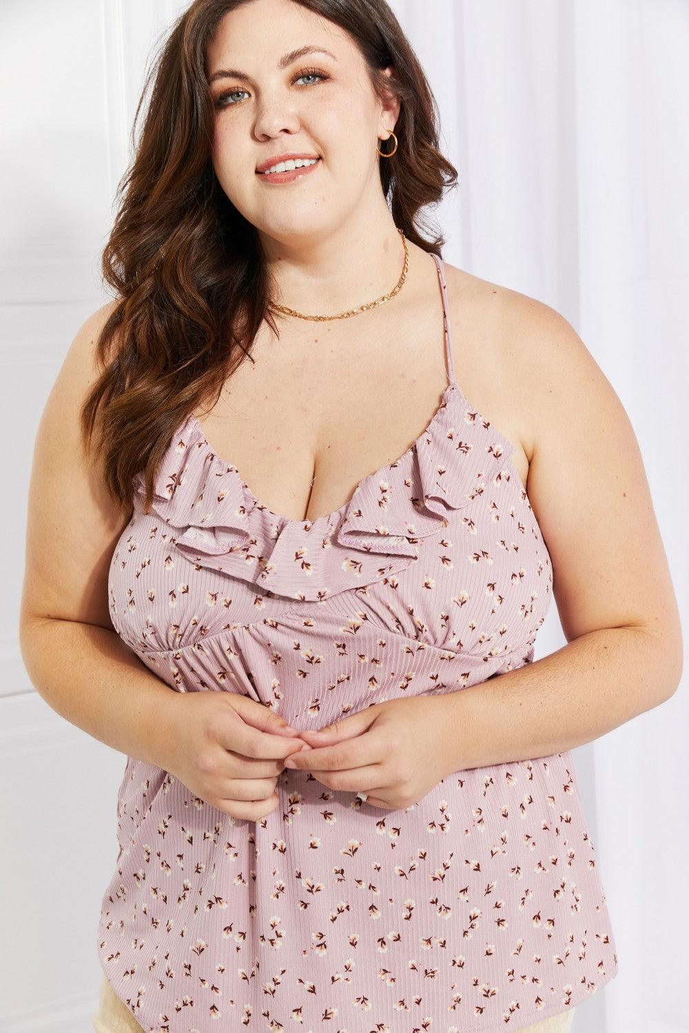 Plus Size Ruffled Neck Floral Sleeveless Top - MXSTUDIO.COM