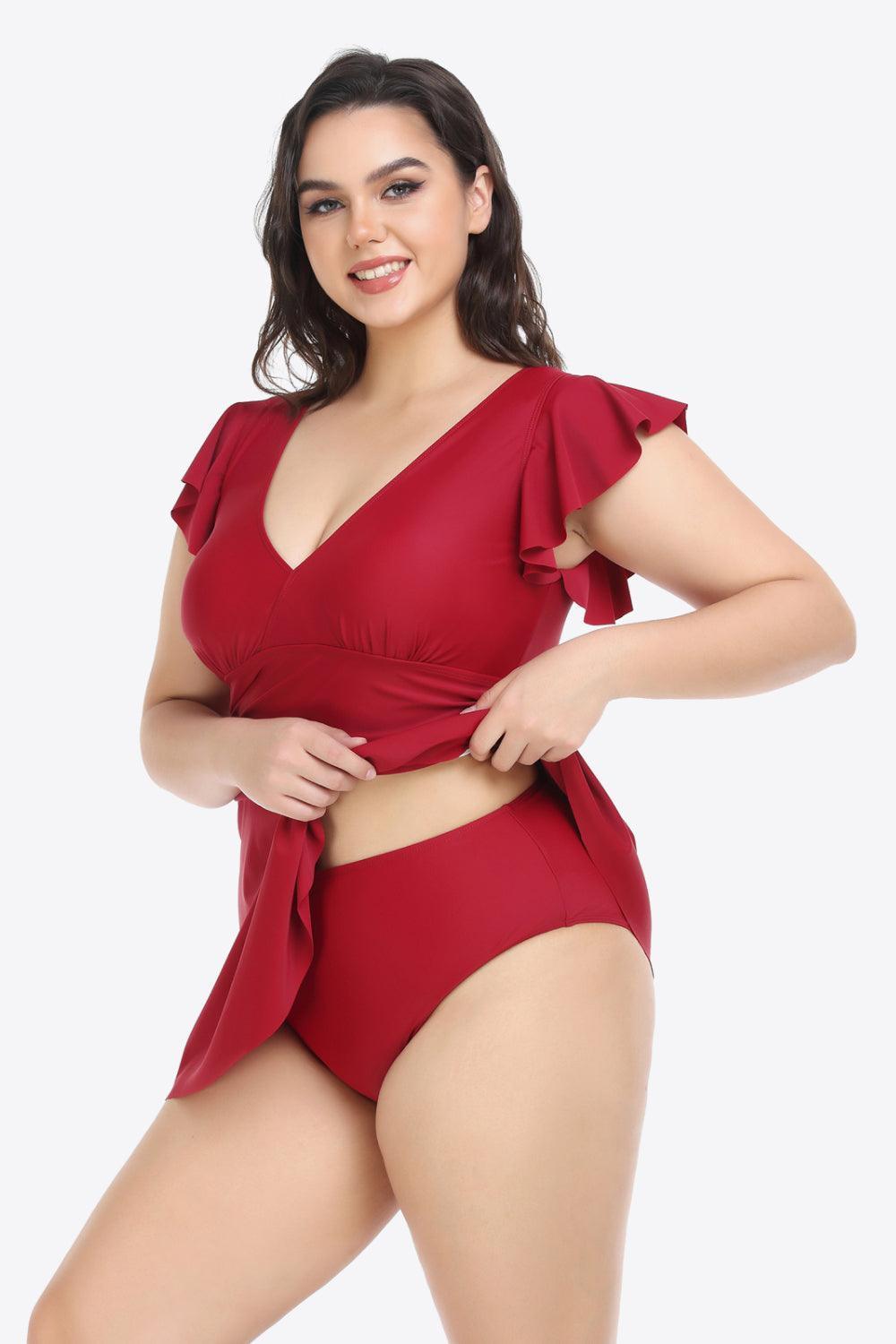 Plus Size Ruffled Sleeves Two Piece Swimsuit - MXSTUDIO.COM