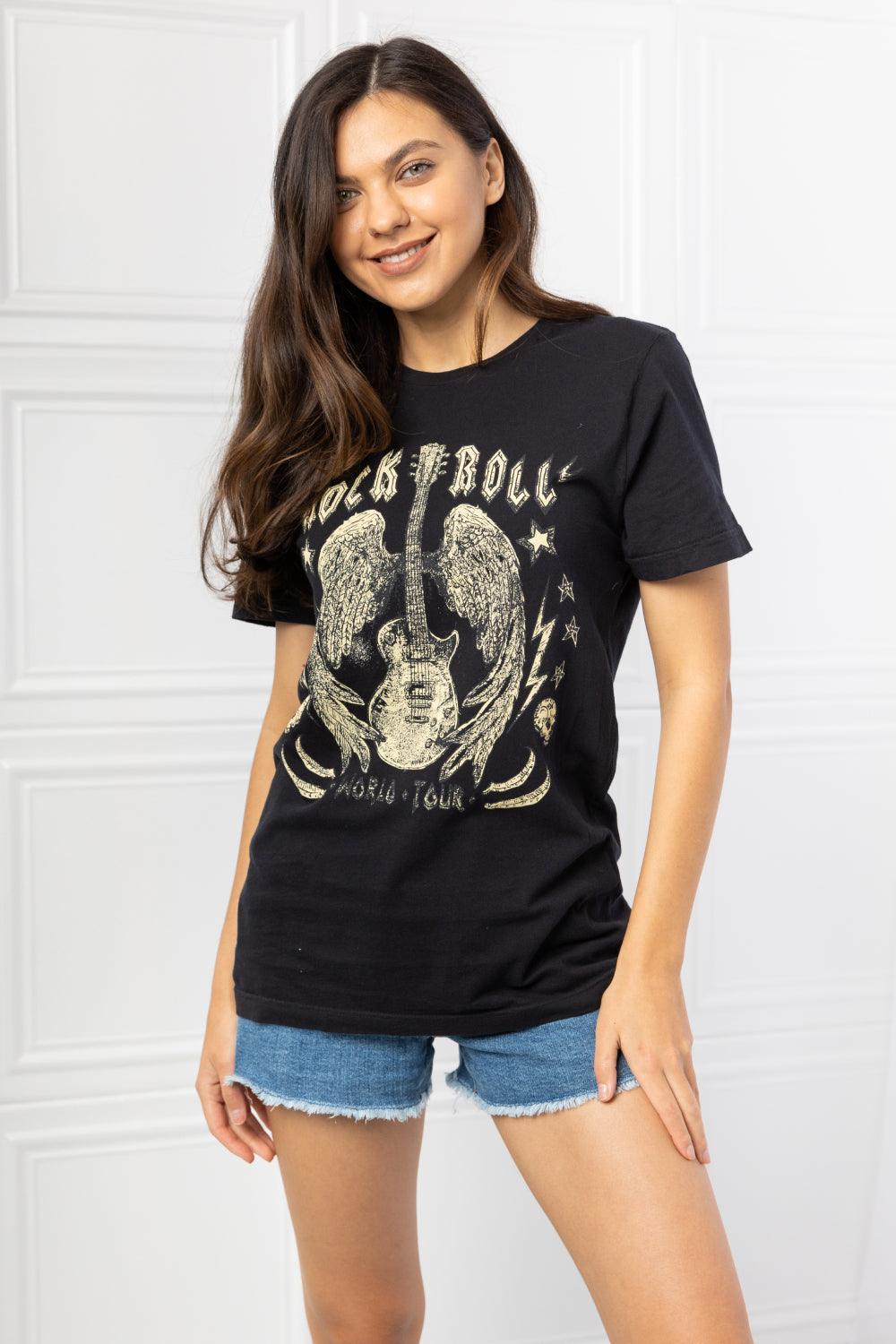 Plus Size Short Sleeve Rock & Roll Black Graphic Tee - MXSTUDIO.COM