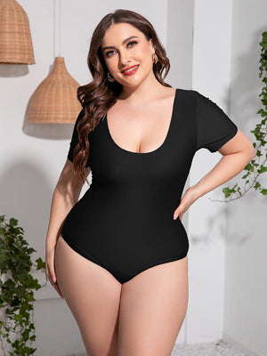 Plus Size Short Sleeve Scoop Neck One Piece Swimsuit - MXSTUDIO.COM