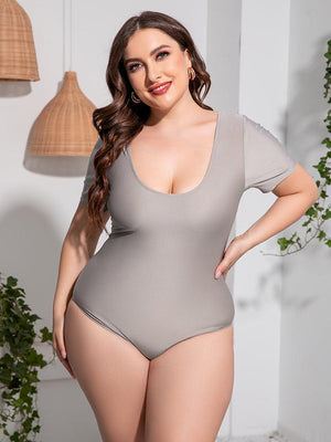 Plus Size Short Sleeve Scoop Neck One Piece Swimsuit - MXSTUDIO.COM