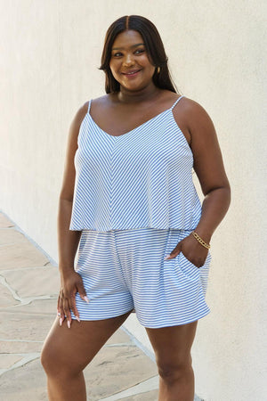 Plus Size Spaghetti Strap Blue Striped Romper - MXSTUDIO.COM