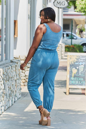 Plus Size Spaghetti Straps Dusty Blue Acid Wash Jumpsuit - MXSTUDIO.COM