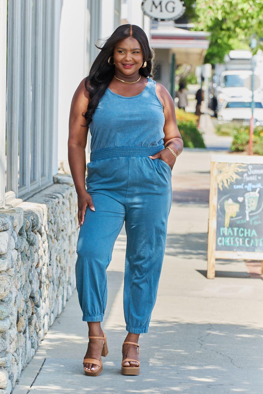 Plus Size Spaghetti Straps Dusty Blue Acid Wash Jumpsuit - MXSTUDIO.COM