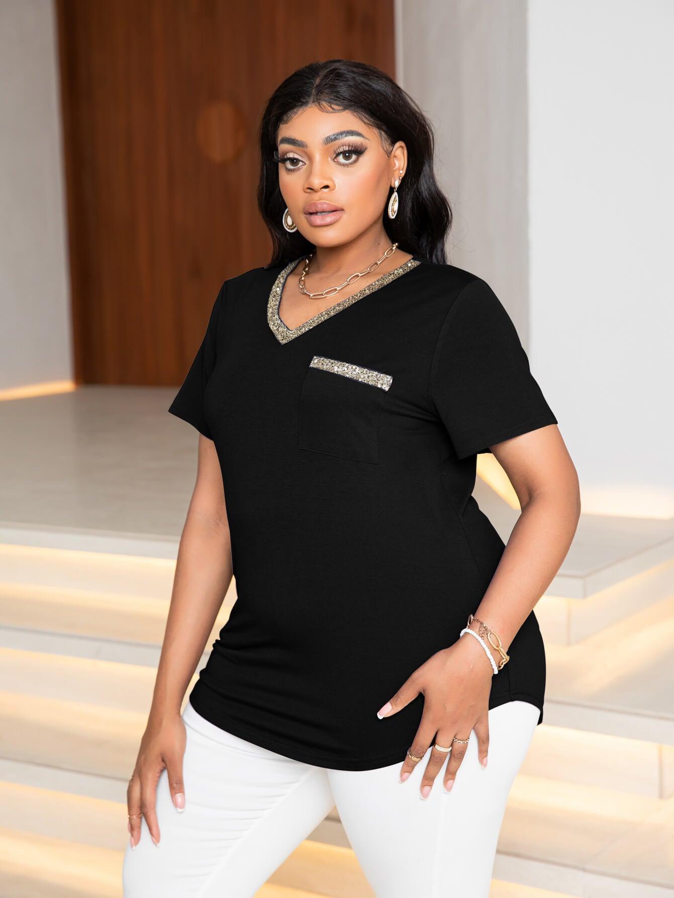 Plus Size Sparkling V-Neck Tee - MXSTUDIO.COM