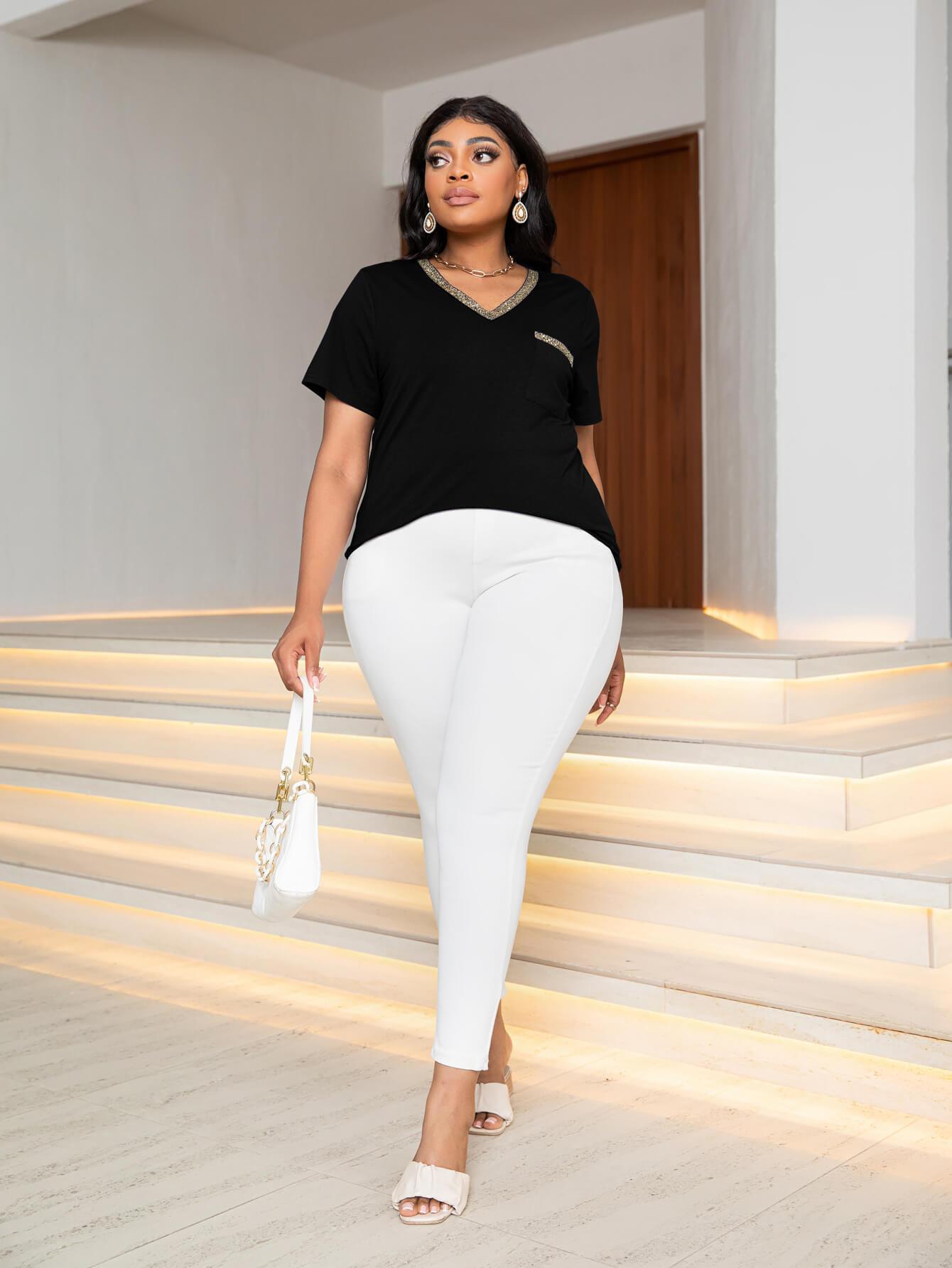 Plus Size Sparkling V-Neck Tee - MXSTUDIO.COM