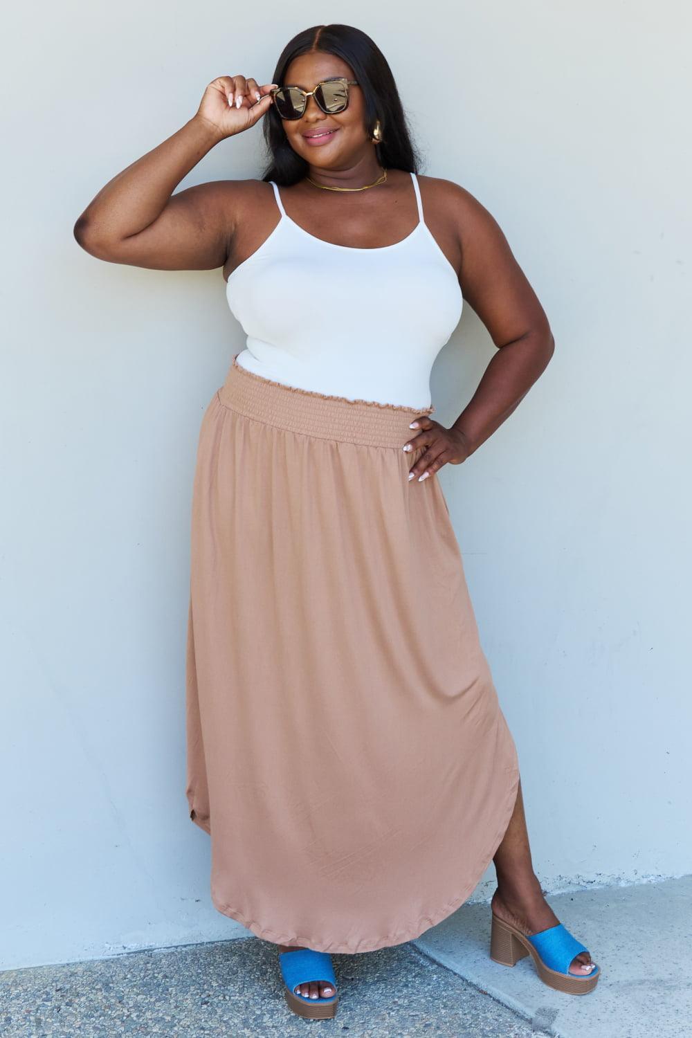 Plus Size Tan High Waisted Maxi With Slits - MXSTUDIO.COM