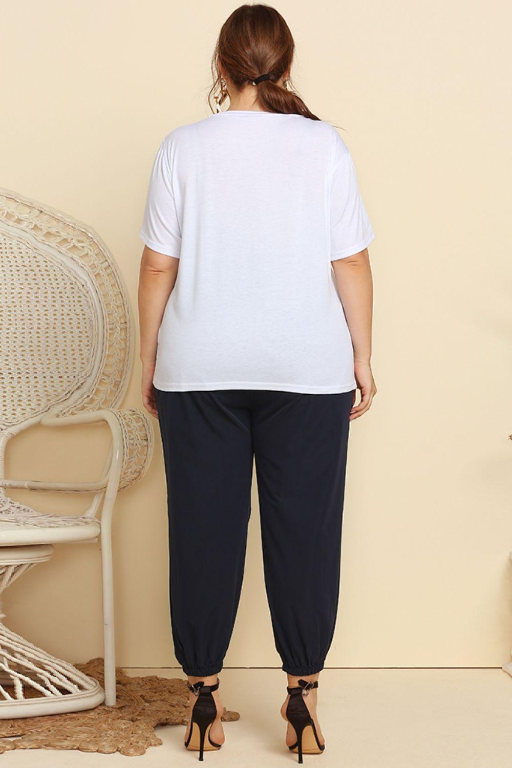Plus Size White Graphic Tee and Belted Joggers Set - MXSTUDIO.COM