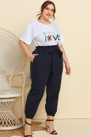 Plus Size White Graphic Tee and Belted Joggers Set - MXSTUDIO.COM