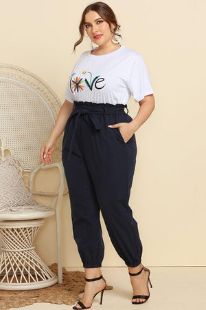 Plus Size White Graphic Tee and Belted Joggers Set - MXSTUDIO.COM