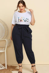 Plus Size White Graphic Tee and Belted Joggers Set - MXSTUDIO.COM