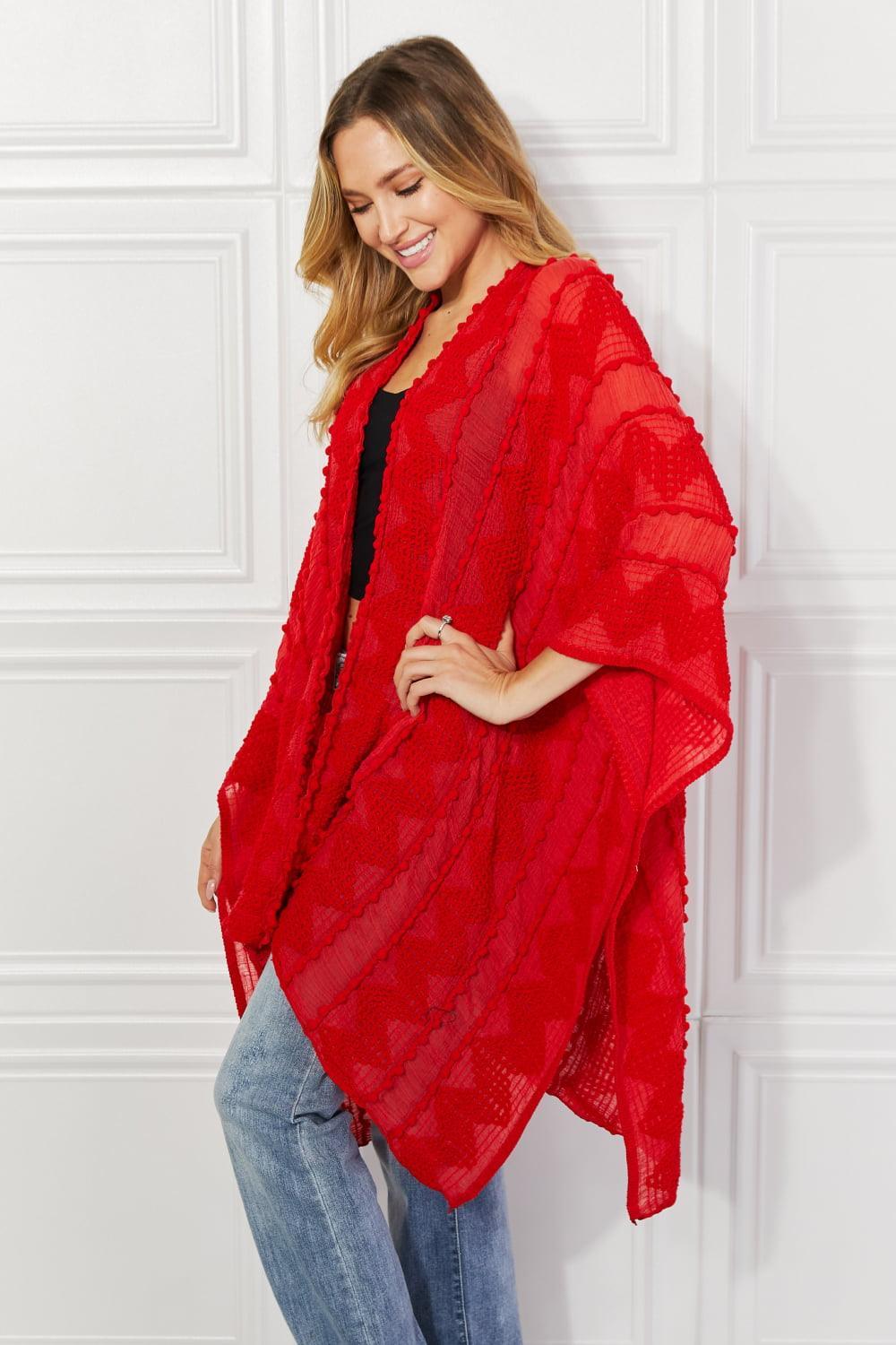 Pom-Pom Asymmetrical Poncho Red Cardigan - MXSTUDIO.COM