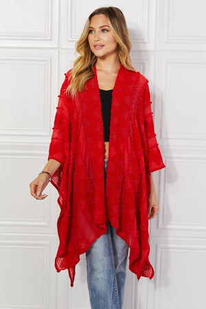 Pom-Pom Asymmetrical Poncho Red Cardigan - MXSTUDIO.COM