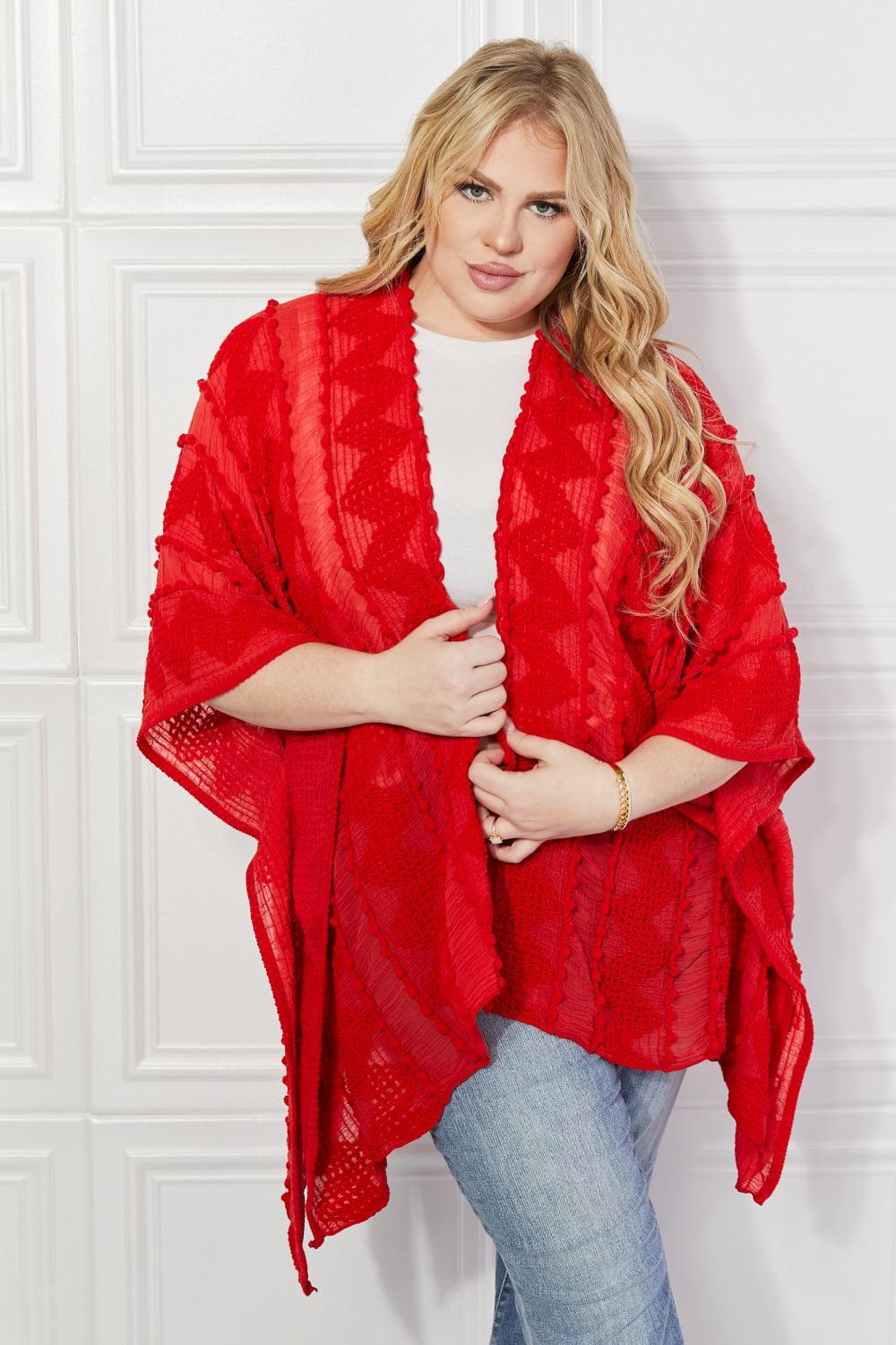 Pom-Pom Asymmetrical Poncho Red Cardigan - MXSTUDIO.COM