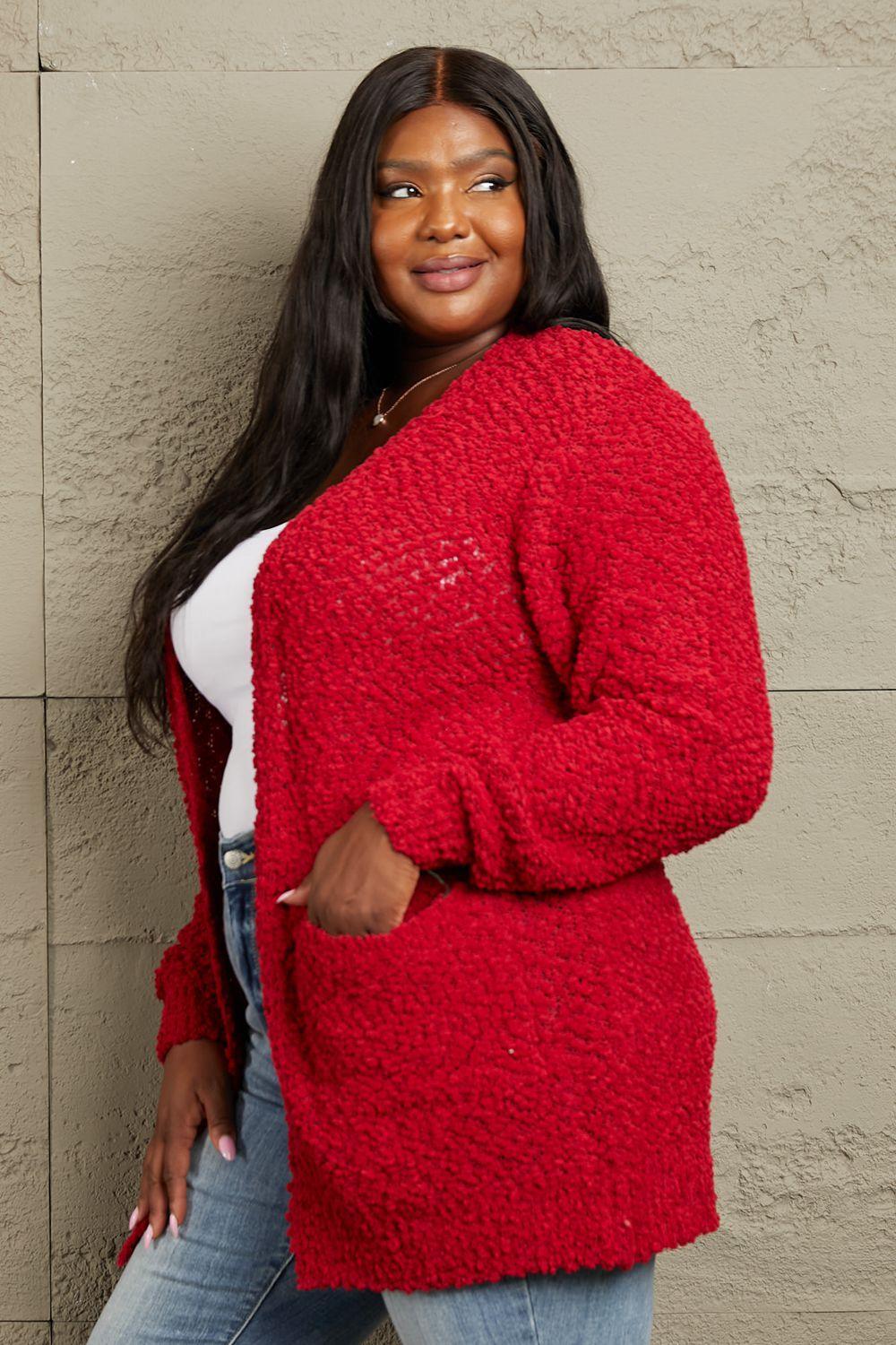 Popcorn Knit Red Plus Size Open Front Cardigan - MXSTUDIO.COM