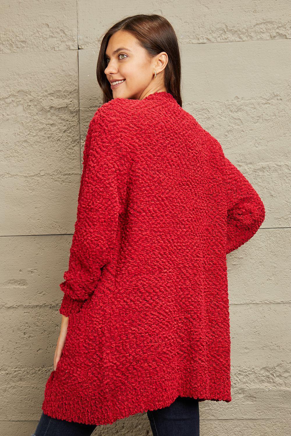 Popcorn Knit Red Plus Size Open Front Cardigan - MXSTUDIO.COM