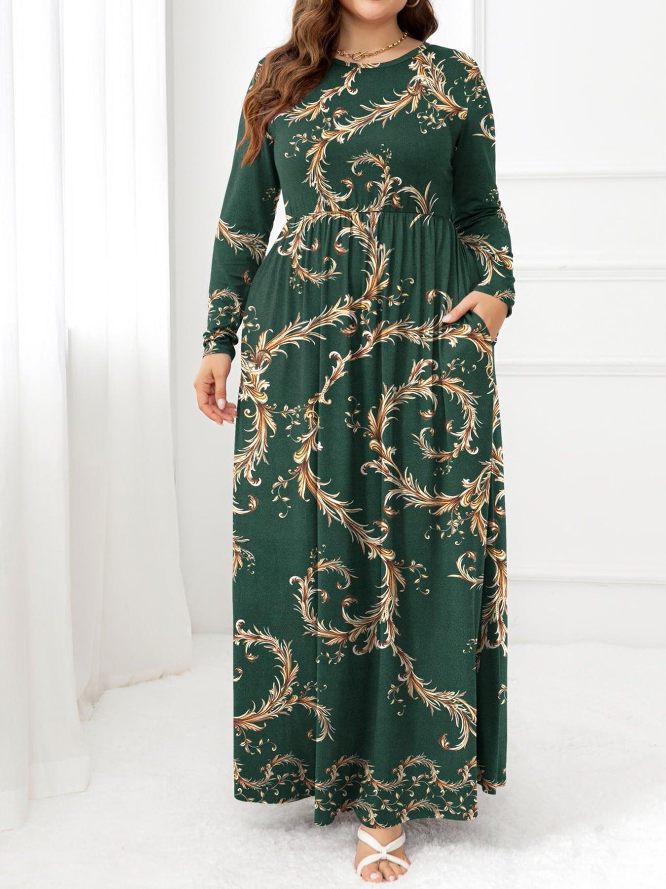 Practical Side Pockets Plus Size Long Sleeve Maxi Dress - MXSTUDIO.COM